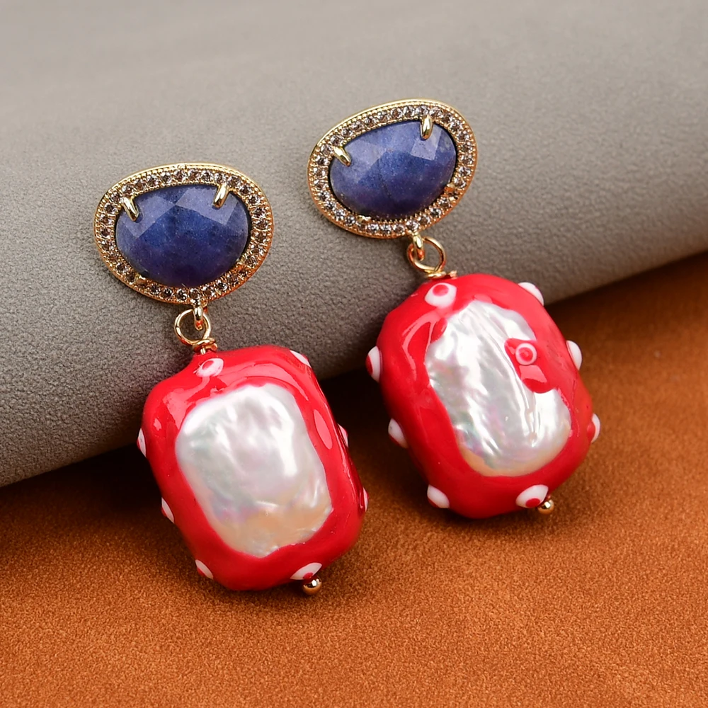 G-G Natural White Keshi Pearl Rectangle Shaped Red Enamel Glaze Paved Blue Sodalite CZ Stud Earrings Fashion Jewelry Gift