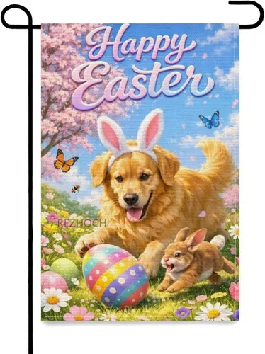 Happy Easter Funny Golden Retriever Garden Flag,Easter Eggs Bunny, 12x18 Inch XXQ