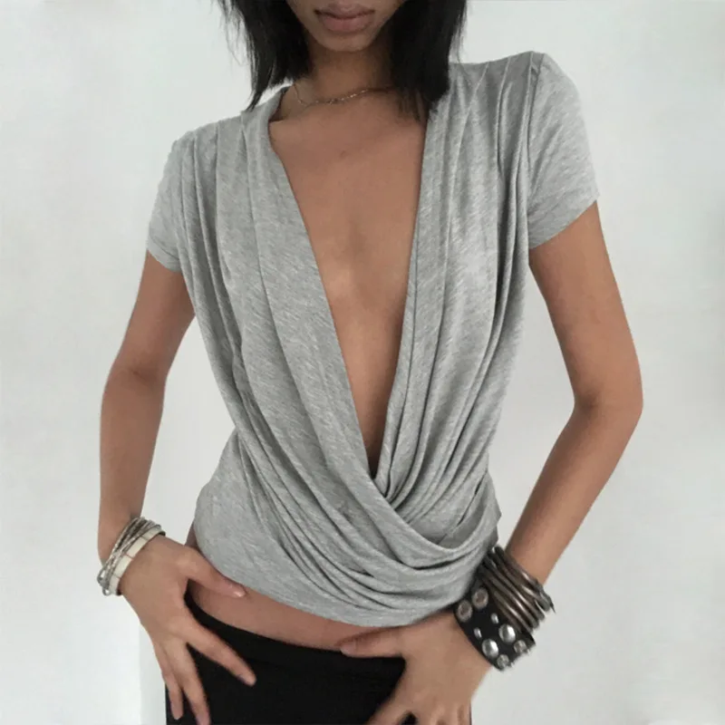 Ins Summer New Fashion Street Sexy V-neck Harajuku Casual Upper Garment Temperament Dating Solid Women's Short-sleeved T-shirt