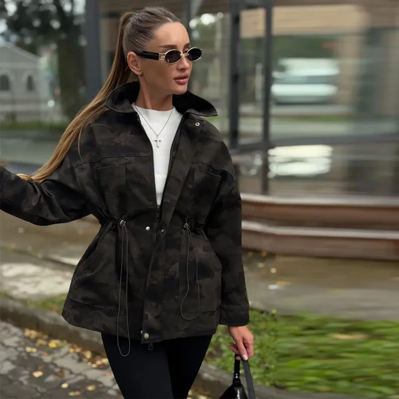 Women Camo Print Hooded Zipper Jacket Elastic Cuff Jacket Cropped Short Length Loose Puffer Winter Warm Winter Street Jackets