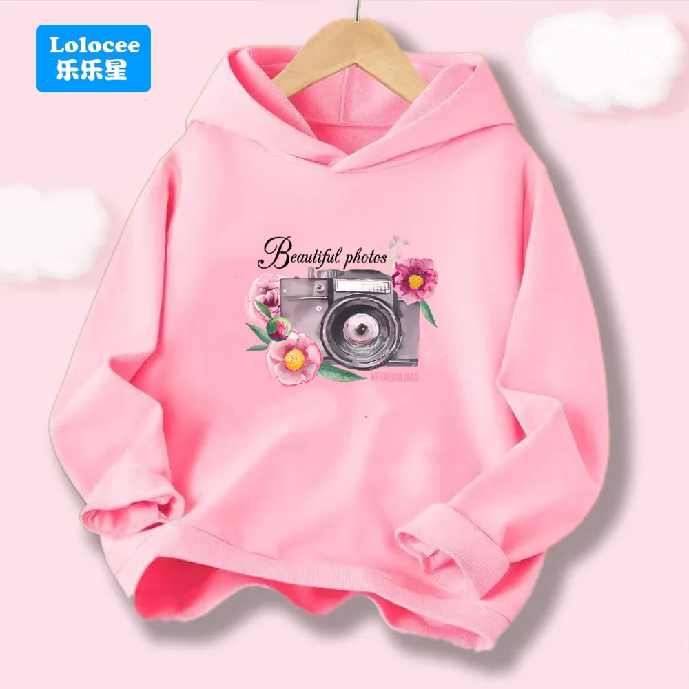

Spring Autumn Girl Sweatshirts Children Beautiful Photos Floral Camera Print Hoodies Kids Pullover Clothes Fashion Tops XJ1