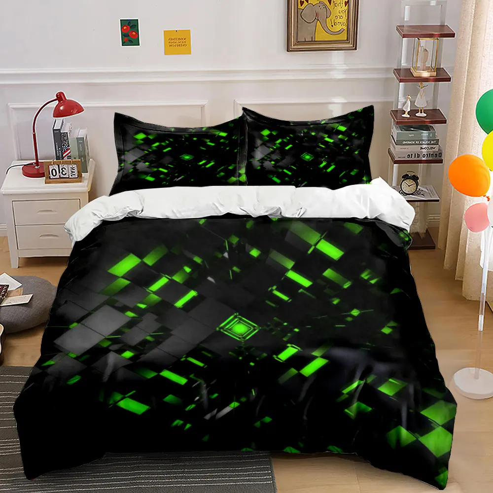 3D Cube Neon Light Bedding Set 3 Pieces Modern Techno Geometric Pattern Duvet Cover with Pillowcases for Single/Queen/King Size