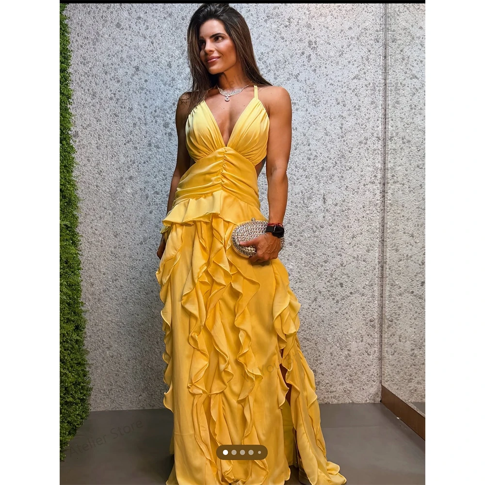 Embroidery Yellow Dress - Желтое вечернее платье с глубоким V-образным