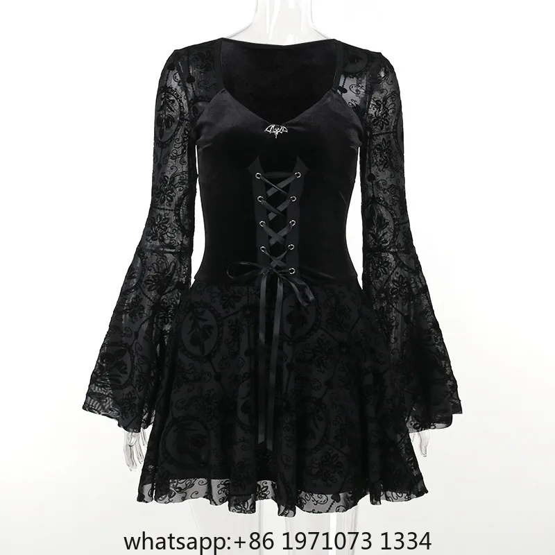 Goth Dark Elegant Vintage Mall Gothic Velvet Dresses Grunge Punk Style Flocked Bandage Dress Women Flare Sleeve Party Alt Outfit