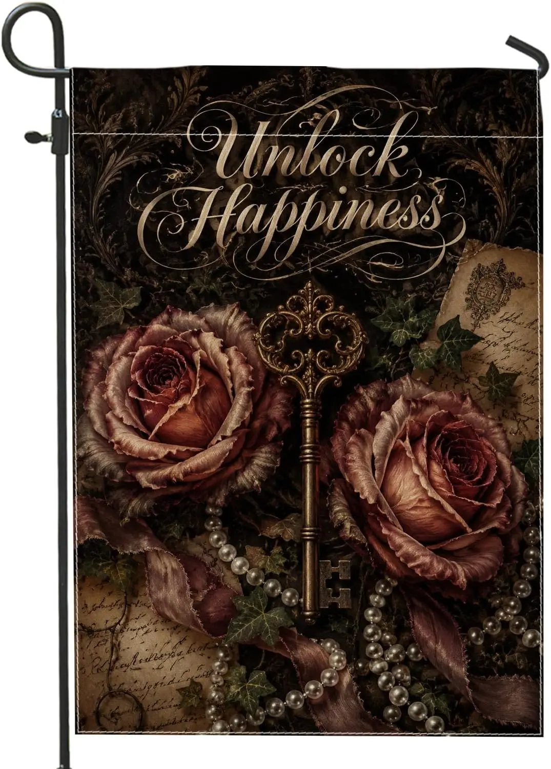 Key Garden Flag, Vintage Romantic Roses Pearls None Burgundy Burlap Double Sided Decorative Outside Flags for Outdoor Front  aaz