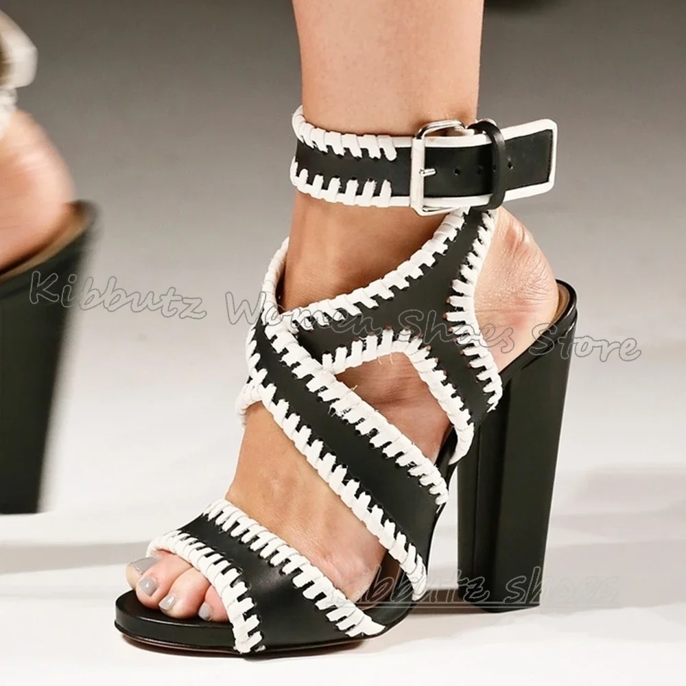 

Mixed Color Ankle Strap Sandals Women Party Dress Wedding Shoes Newest Chunky Heel Round Toe Fashion Luxury Elegant Concise Sexy