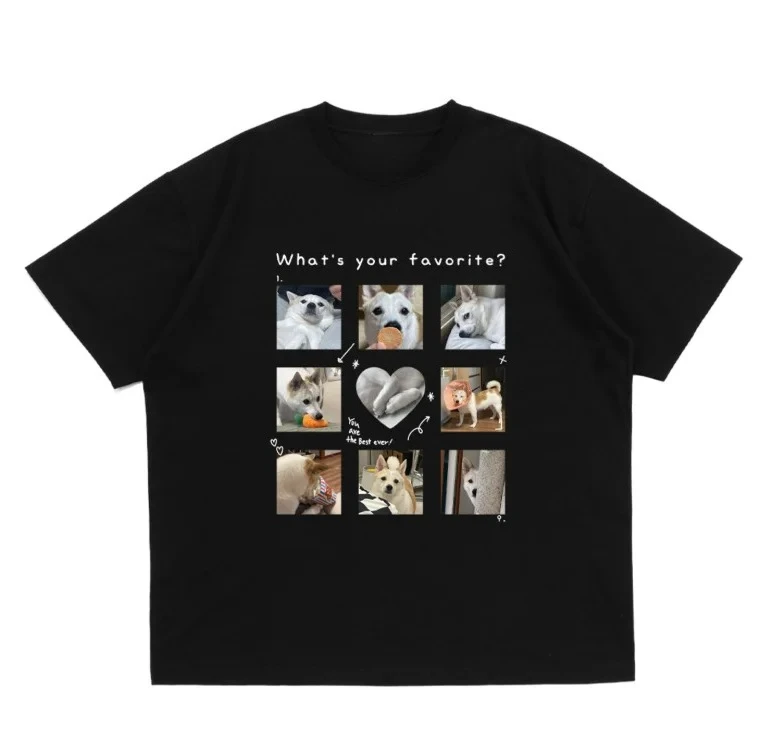 Korean Fashion Top T-shirt Cute Dog Meme Print Short Sleeve Funny Black Casual Crew Neck Tee Kawaii Puppy Photo Grid Design