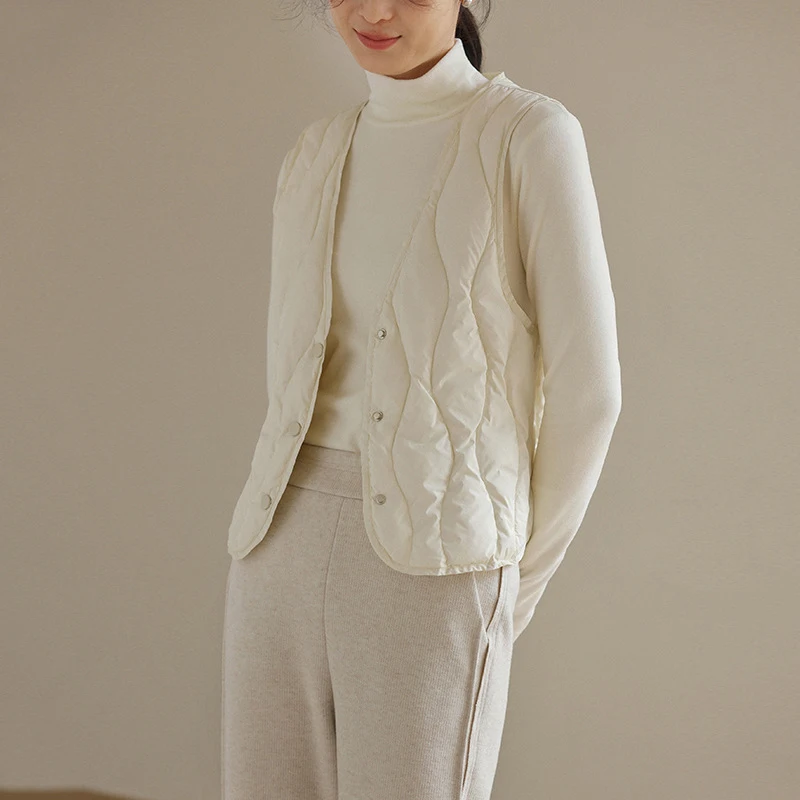 Schinteon النساء خفيفة الأبيض بطة أسفل سترة بلا أكمام سترة الخامس الرقبة طوق الخريف الشتاء داخل بطانة قصيرة بلوزة 2023 جديد