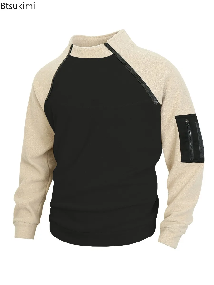 

Men's Autumn Winter Slim Fit Stand Up Collar Long Sleeved Pullover Personalized Zipper Decoration Casual Coral Fleece Tops Male