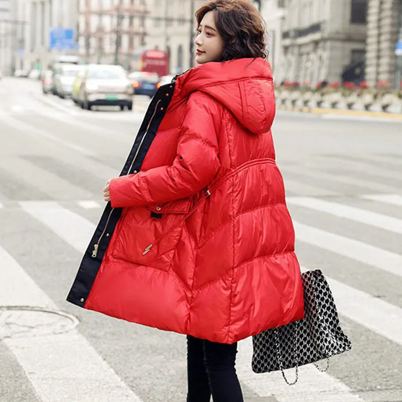 New Women Korean Down Jacket Fashion Snow Winter Warm White Duck Down Jacket Female Casual Irregular Shiny Hooded Parka Overcoat