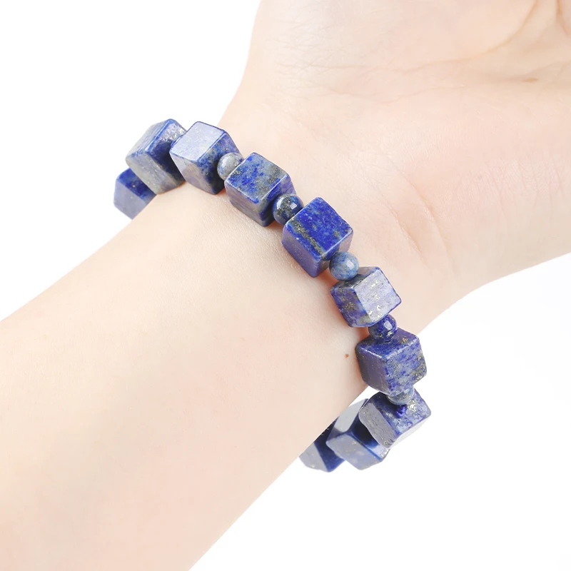 1 Pc Natural Lapis Lazuli 8mm Beads Faceted Sugar Cube Bracelet Elastic Wristband Lucky Amulet Jewelry Gift