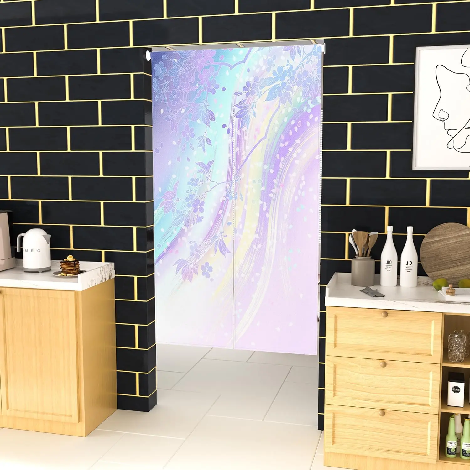 Dreamy Sakura & Swirl Door Curtain, Pastel Holographic Cherry Blossom Pattern, Waterproof Washable Noren Curtain for Bedroom