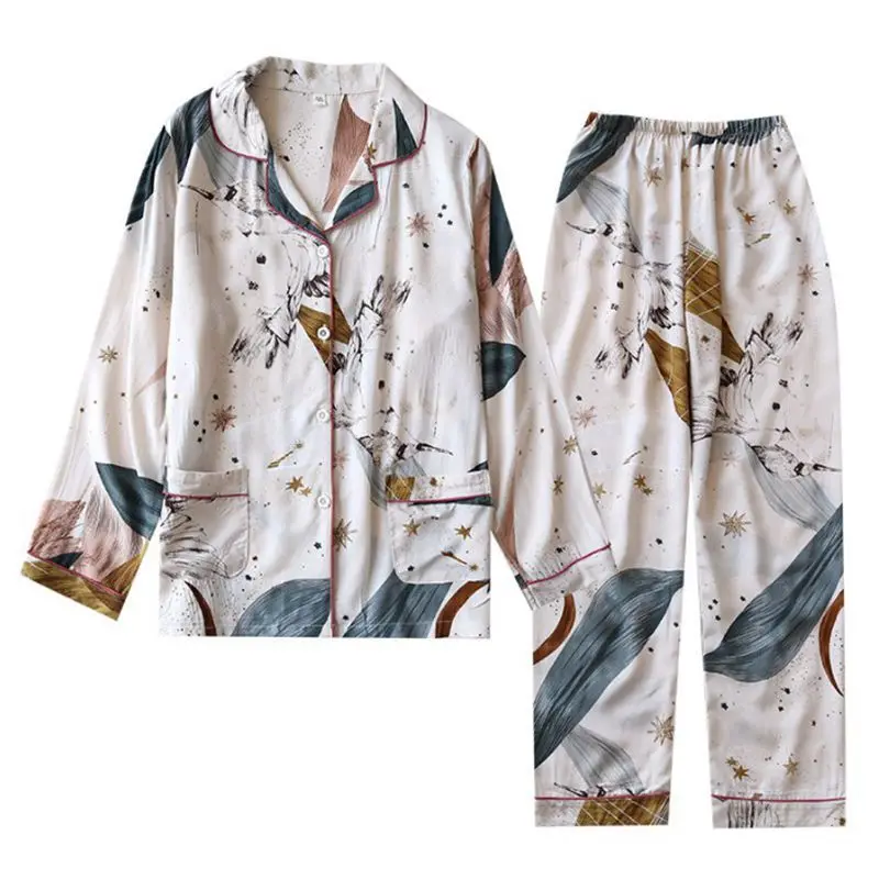 Conjunto de pijama floral estampado feminino, 100% viscose, calça de manga comprida, confortável, manga cheia, moda casual feminina, novo