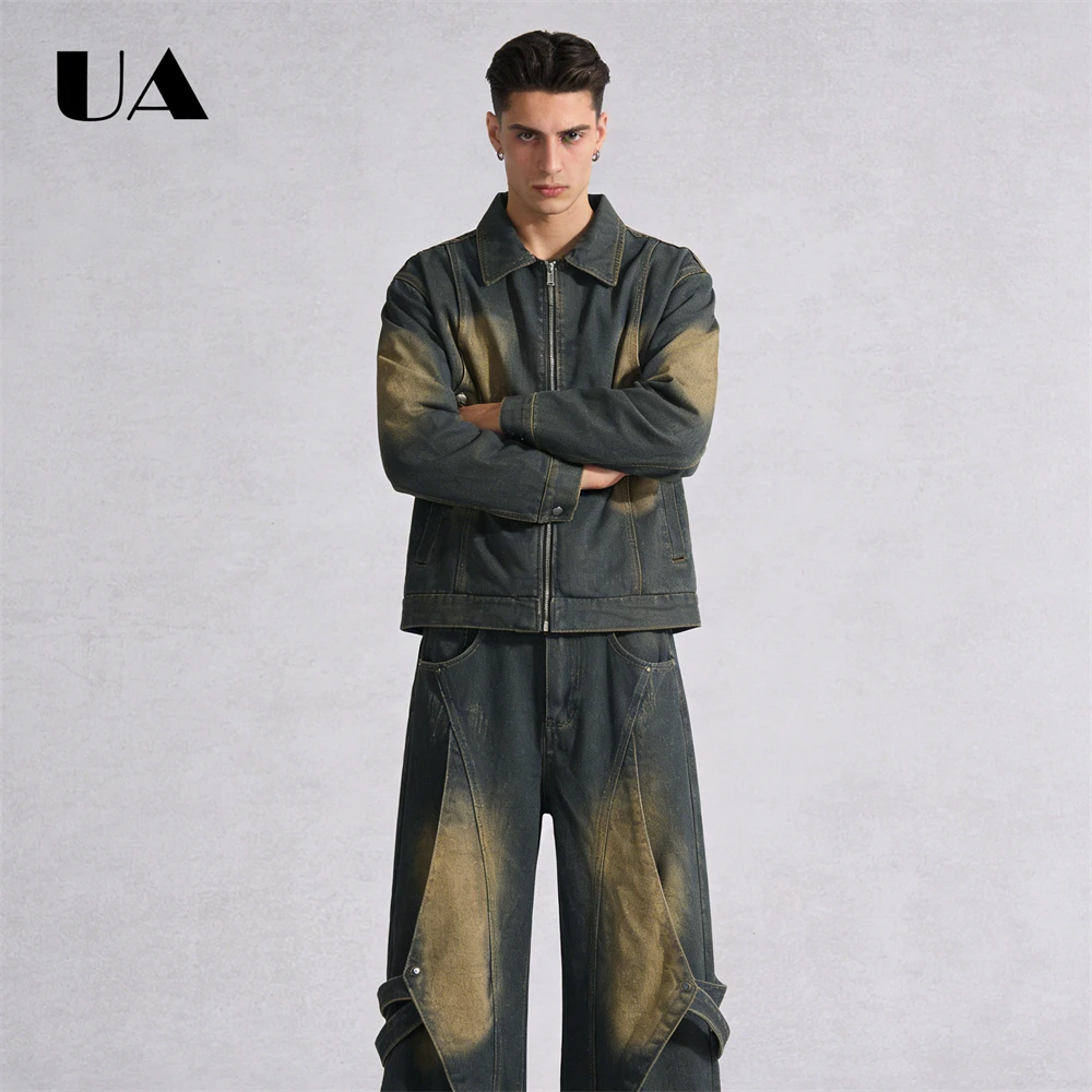 Men's Denim 2-Piece Set: Oversized Jacket & Wide-Leg Pants with Tie-Dye Pattern, Distressed Details Streetwear Style for Casual