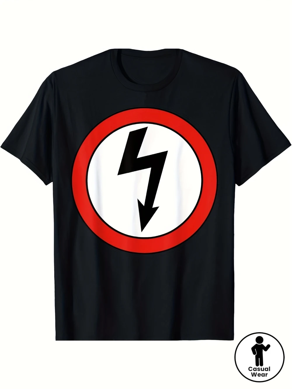 Men's Crew Neck Short Sleeve T-Shirt - Black with red circle and lightning bolt design, 220g cotton, regular fit, breathable top