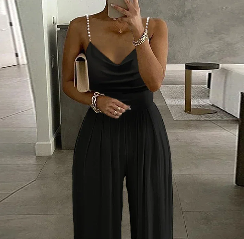 

Jump Suits for Women Streetwear Pearl Suspender Wide Leg Sleeveless V-neck Backless Long Pants Jumpsuits of Female 2023 Autumn