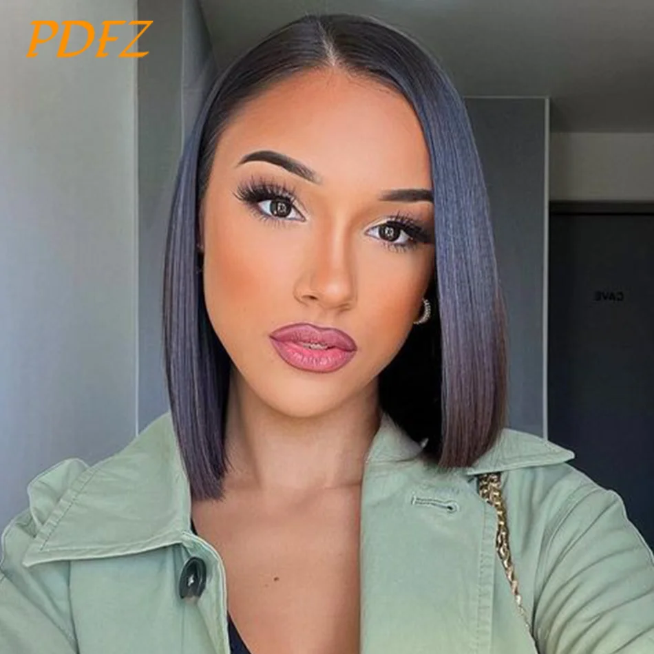 

Glueless 13x4 Lace Front Human Hair Wig Transparent Lace Preplucked Short Bob Wig Cheap Remy Straight Natural Wig 180% Density