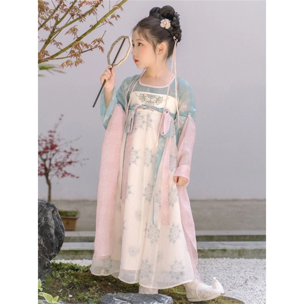 Hanfu Girls Spring Summer Thin Chic Chinese Traditional Printed Dress Children\'s Vintage Tang Suit Super Fairy Dance Dresses New