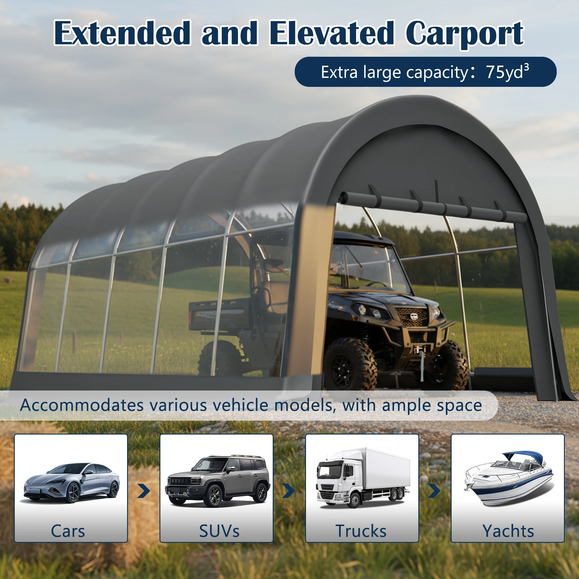 Heavy Duty Carport 10x20 ft 12x20 ft Waterproof Canopy Steel Frame Vented Roof Anti Snow Portable Garage Cars Boats RV Gray view 5