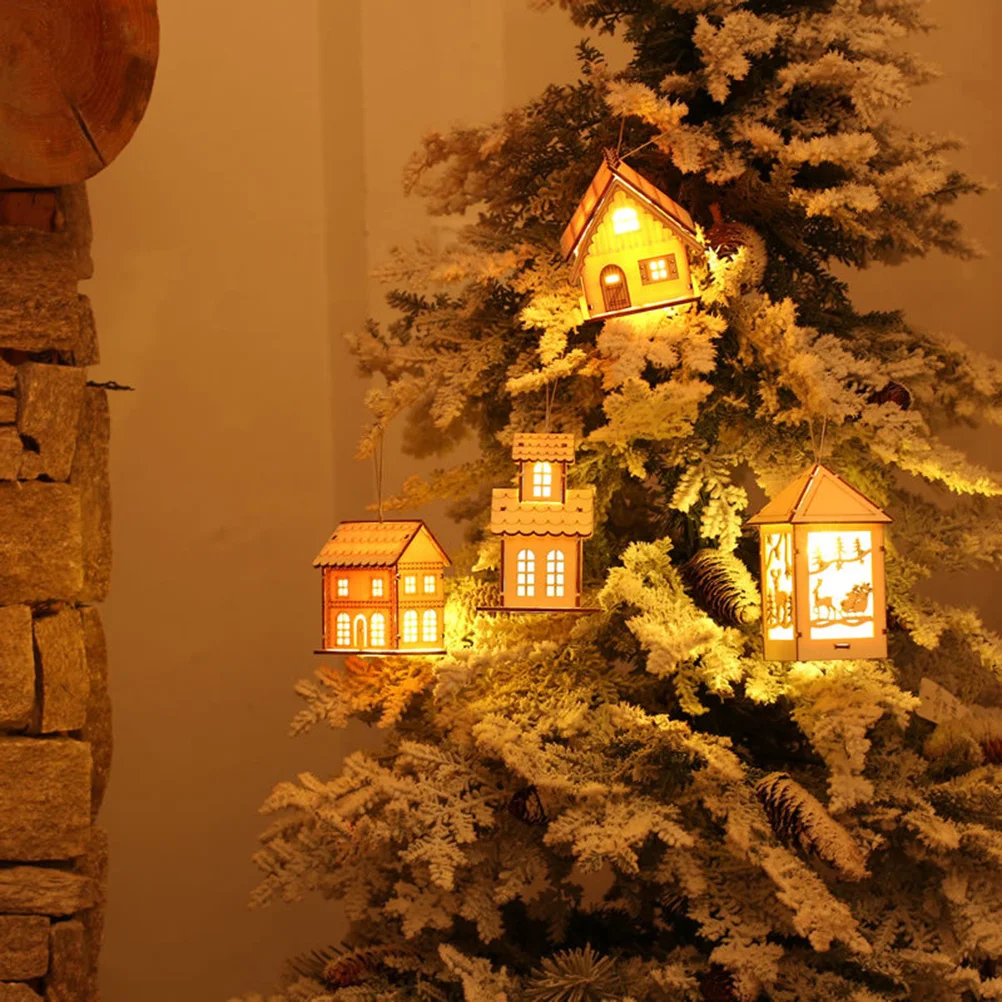 

Christmas Wooden Lighted Small Cabin Hanging Ornament Xmas Decor for Holiday Home Decoration Wooden Christmas Decor