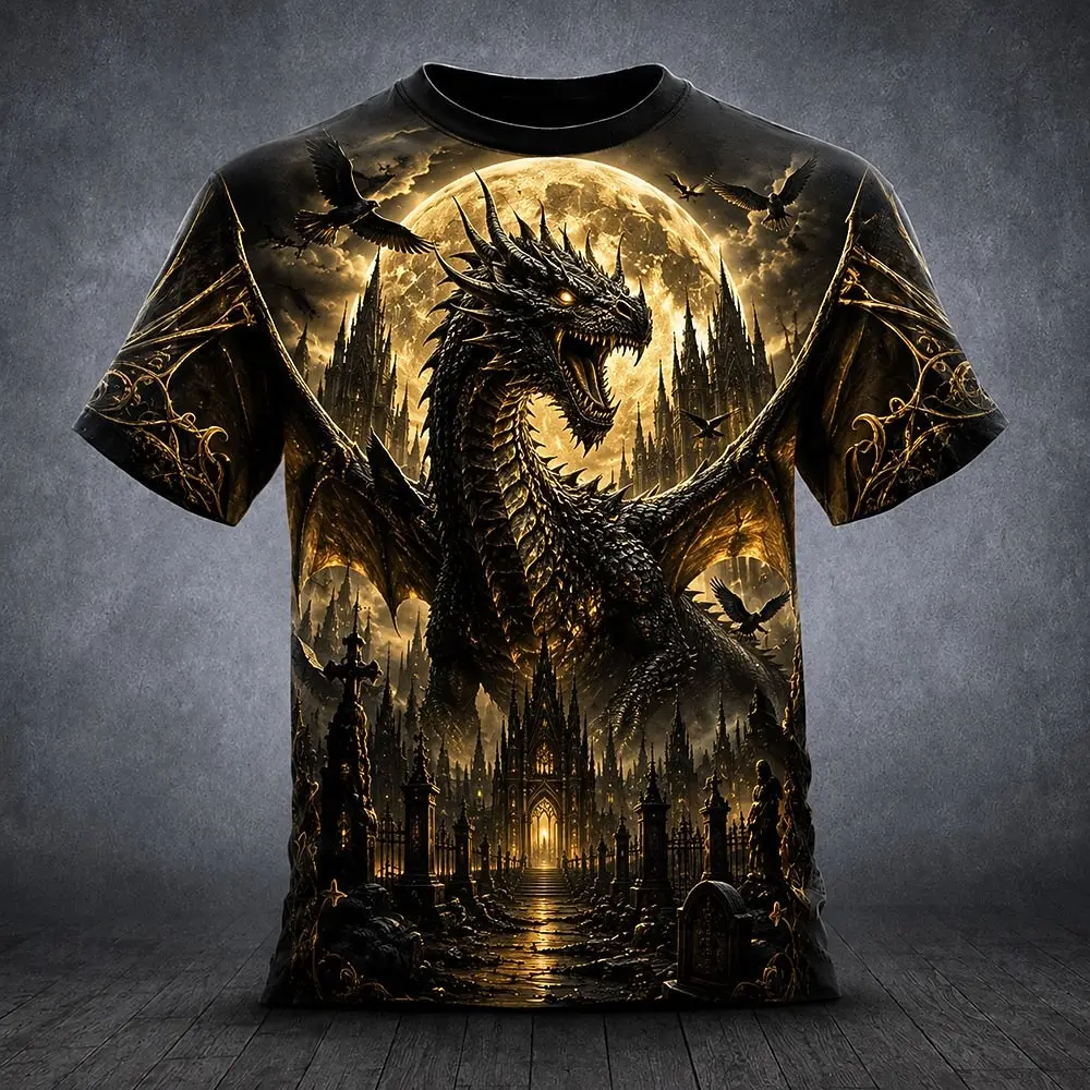 Men Fantasy Dragon 3D Print Short Sleeve T‑Shirt Dark Castle Blood Moon Magical Wizard Graphic O‑Neck Casual Gothic Halloween