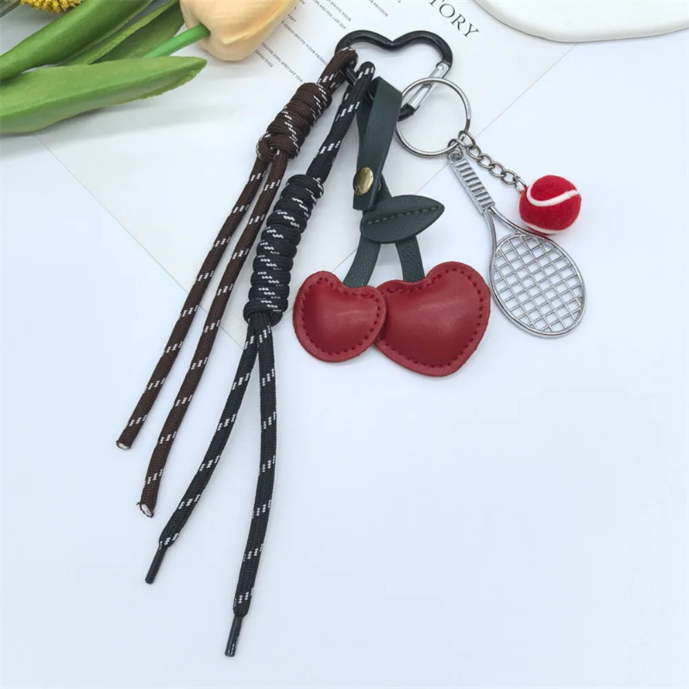 

Girl Heart Braided Rope Keychain Hand-Woven Handmade Cherry Shaped Bag Pendant Ornament Aesthetically Tennis Racket Key Chain