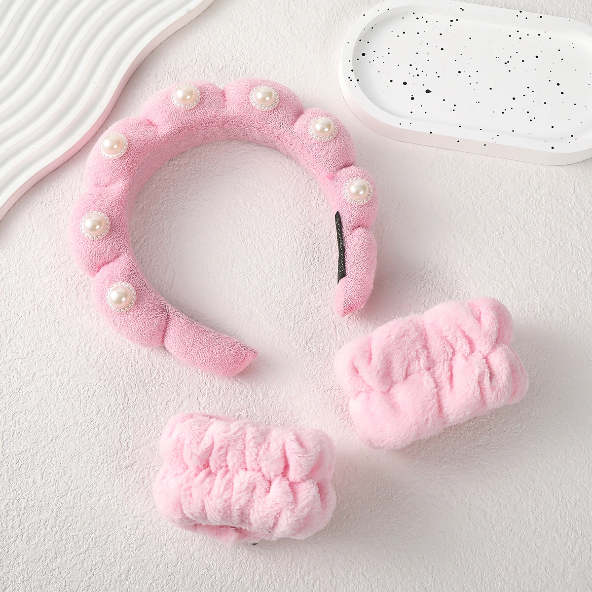 

Wash Face Headbands Coral Fleece Pearl Hair Bands Cuff Waterproof Bands Absorbent Wristbands Head Band Hair Parts Set