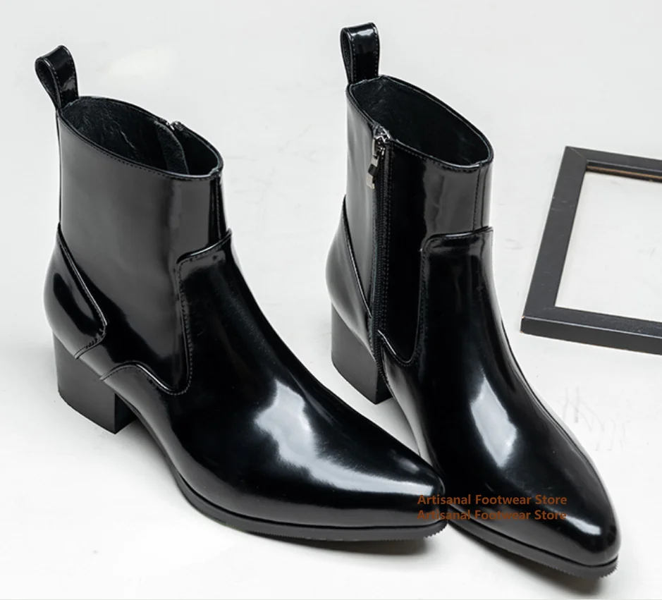 

Black Leather Pointed Toe Chelsea Boots Genuine Leather Height Increasing Zipper Men's Boots Designer Trendy Handmade Men Boots