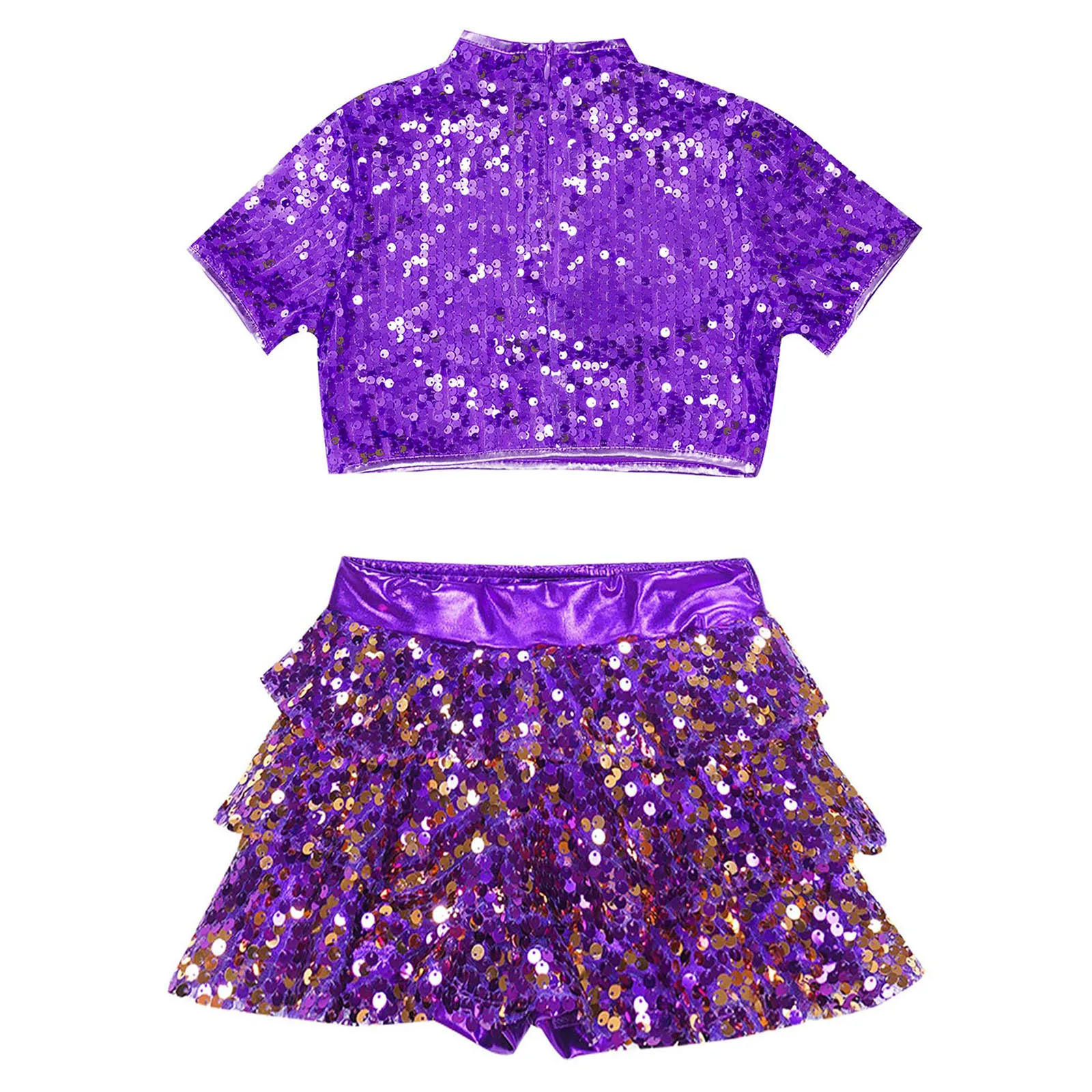 Trajes de baile de Jazz para niñas, traje de baile de porristas con lentejuelas brillantes, Top corto brillante de manga corta con falda, traje de baile