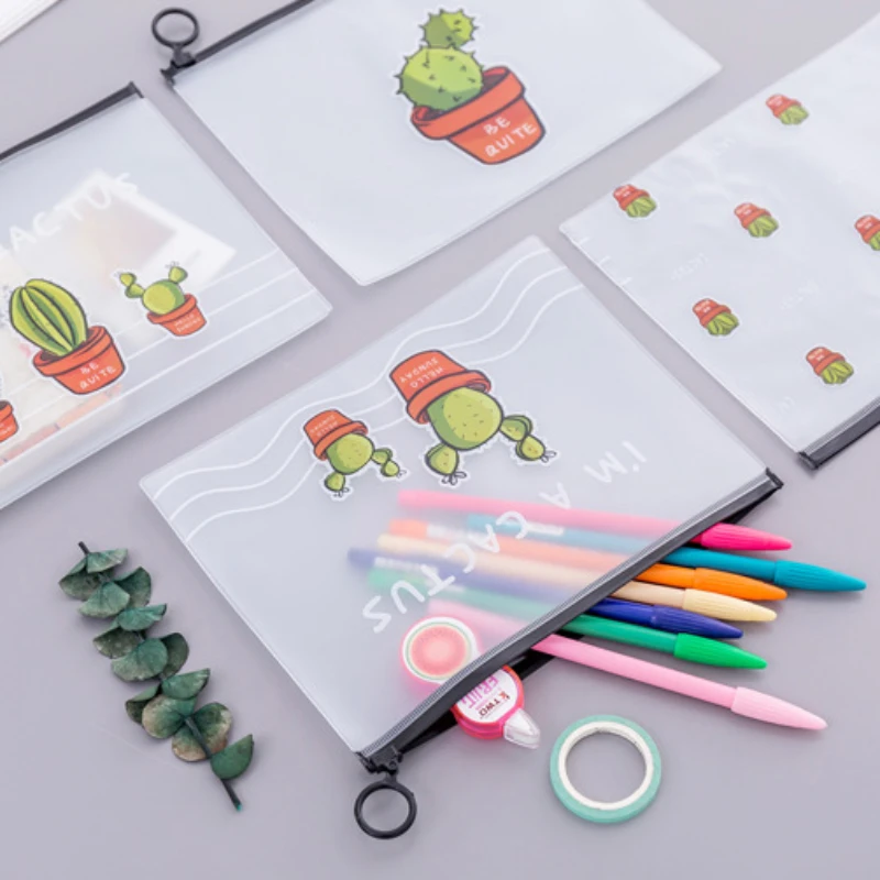 Cute Transparent Cartoon Cactus Frosted Stationery Storage Bag Waterproof Large Capacity Student Pen Bag Office Desk Accessories