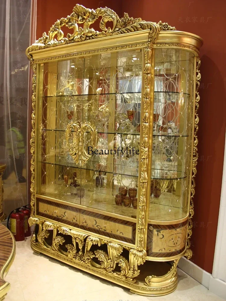 النمط الأوروبي فيلا قاعة النبيذ عرض خزانة خشب متين الذهب احباط غرفة المعيشة جدار خزانة التخزين #4