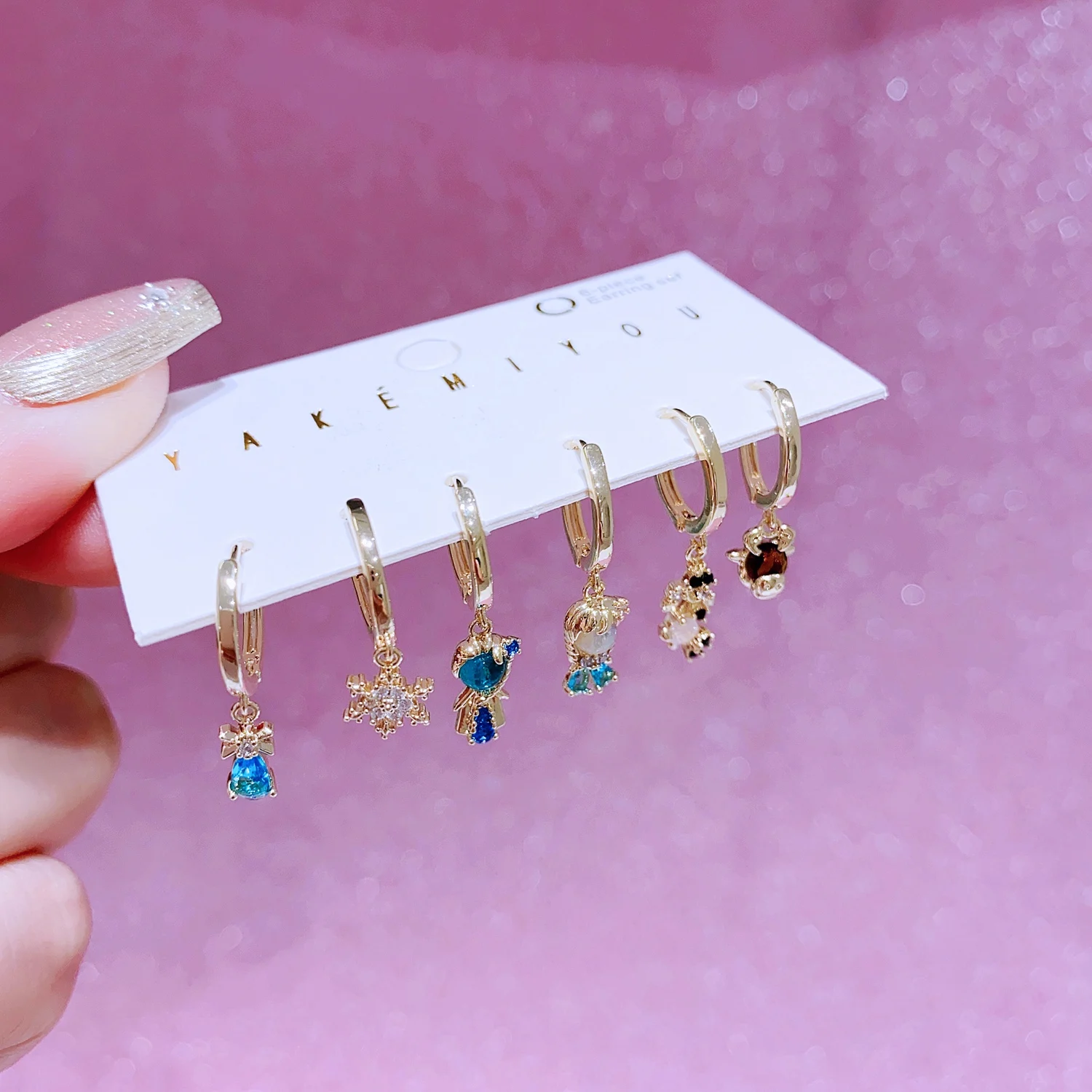 MIGGA 6pcs Fairy Tales Frozen Princess Dangle Earrings Set Gold Plated Huggie Earrings Women Jewelry