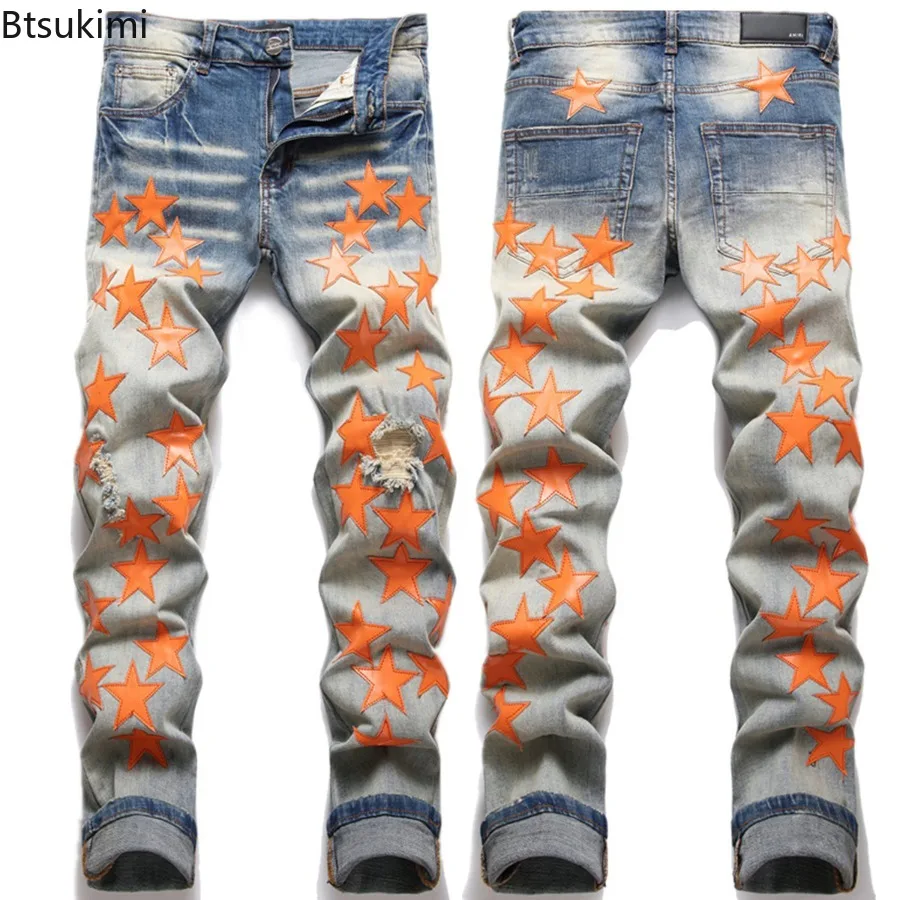 

2024 New Fashion Men's High Street Stars Patchwork Jeans Slim Stretch Holes Ripped Denim Pants Streetwear Distressed Jeans Male