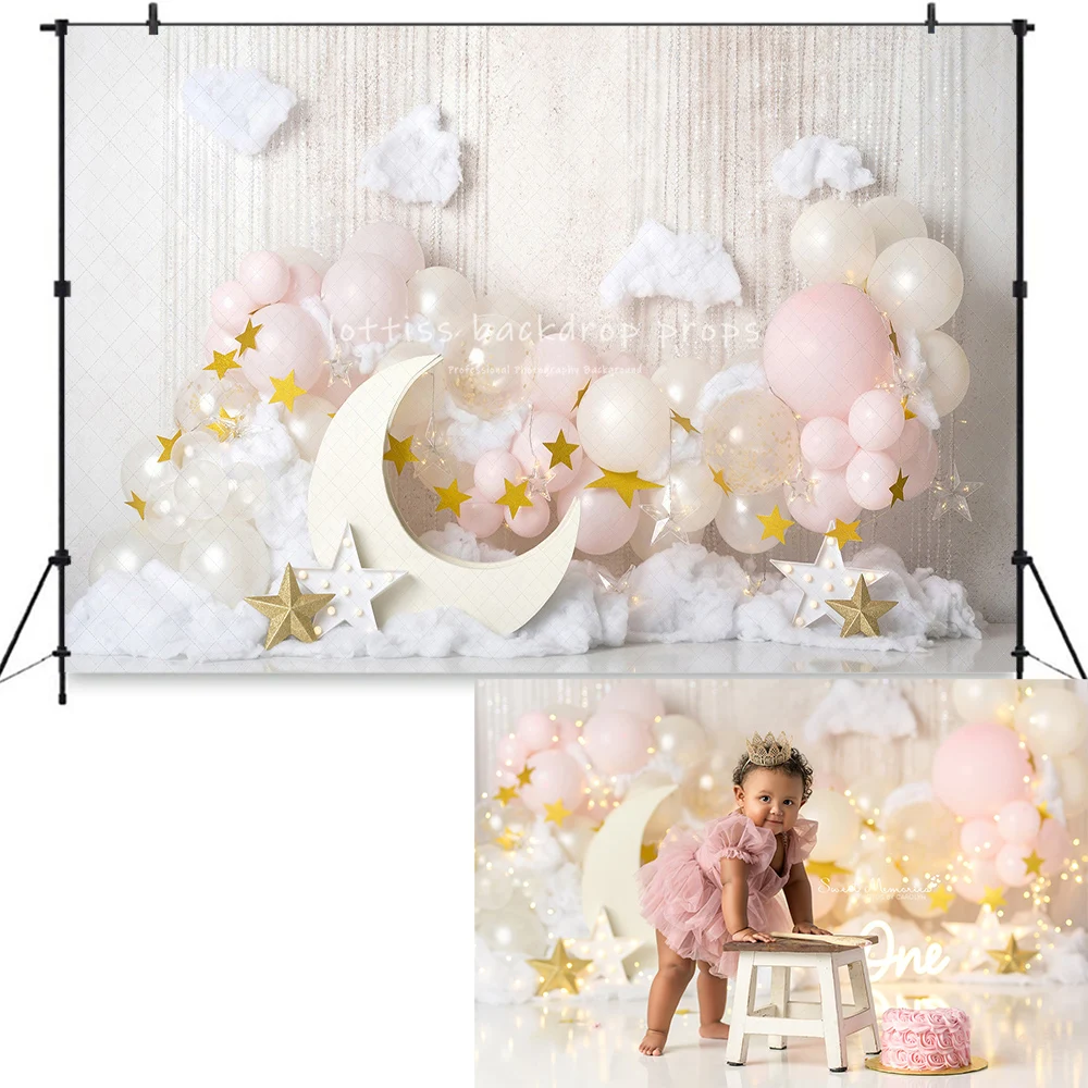 Twinkle Star Moon Backdrops Kids Baby Birthday Cake Smash Photocall Props Child Photo Pink Peach Balloons Backgrounds