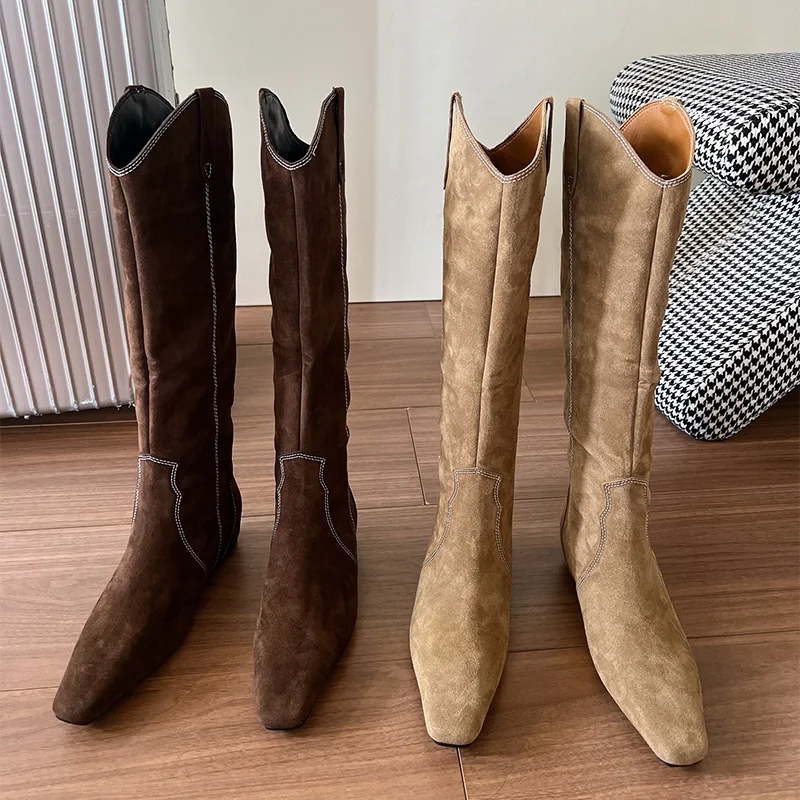 Flats Women's Knee High Boots Fashion Suede Woman Shoes 2025 Winter Chelsea Boots New Walking Trend Dress Long Mujer De Botas