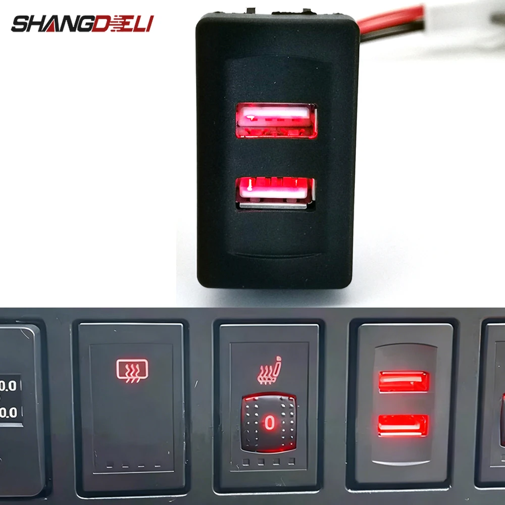 12V/24V With Wiring Harness Replacement Socket Red Light Car Charger Dual USB Port Power Charging Adapter For VW Transport T4