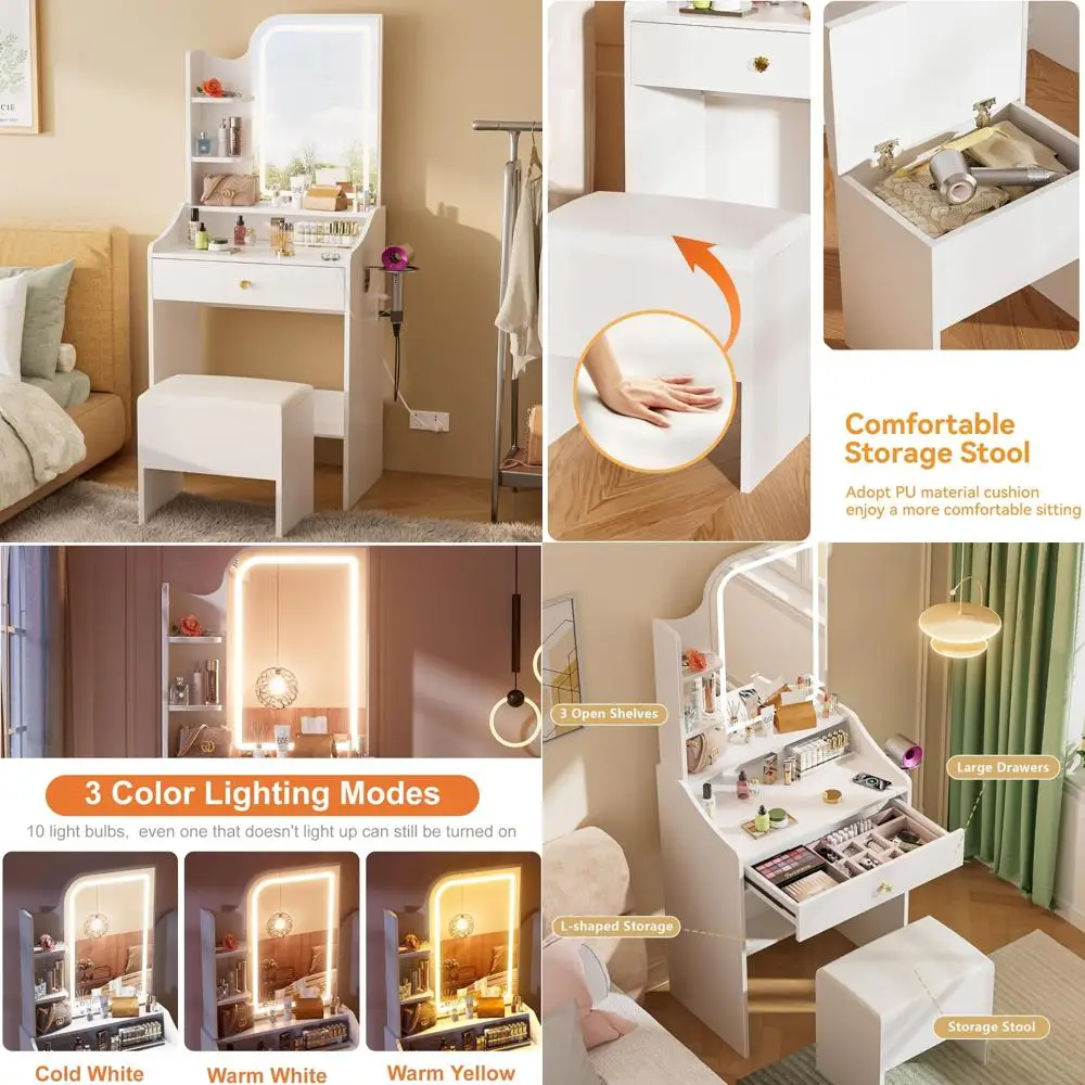 

Компактный туалетный столик для макияжа с зеркалом с подсветкой и местом для хранения небольших помещений.