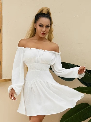 Imagen 2 del producto Minivestido elegante de manga larga con hombros descubiertos para mujer, Vestido corto plisado de Jacquard de Color sólido para fiesta diaria, otoño