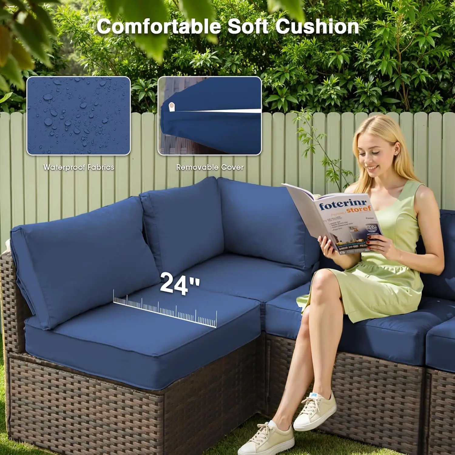 5-Piece PE Rattan Outdoor Sectional Sofa Set with Fire Pit Table, No-Slip Cushions for Garden & Poolside, Blue, Customized