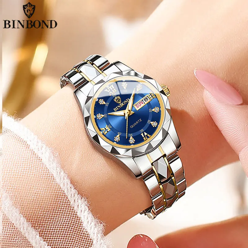 BINBOND Gold Quartz Watch 28mm Business Women display picture 2