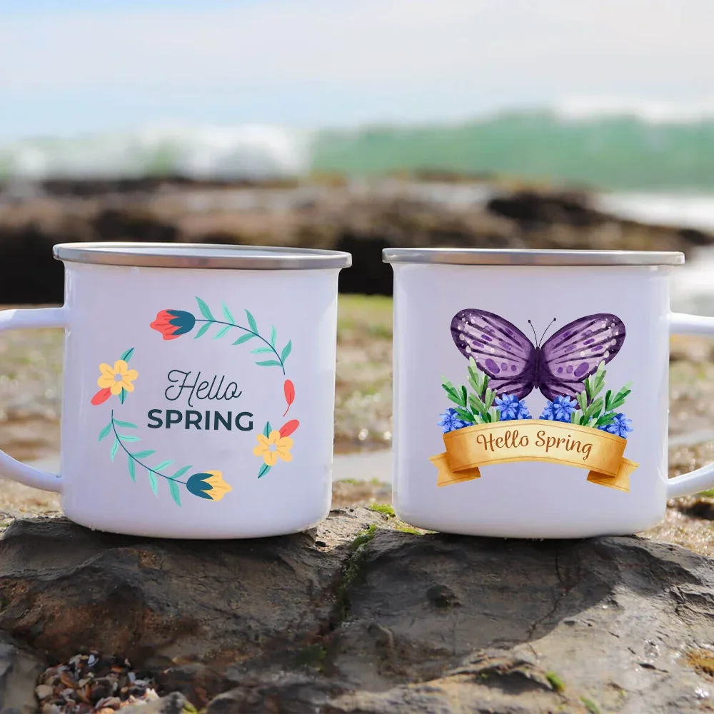 Taza de Camping con esmalte de Hello Spring, los mejores regalos originales y divertidos, bebida, jugo, agua, postre, cacao, leche, Asa