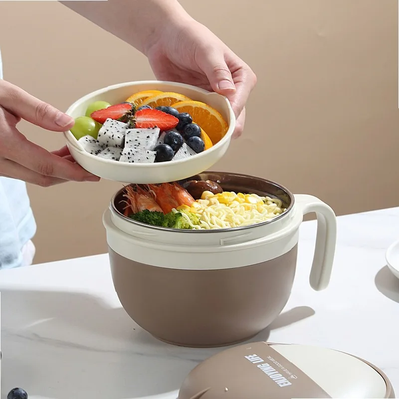 304 Stainless Steel Simplicity Divided Insulated Noodle Bowl with Water Injection Lunch Box for Students Office Workers Portable