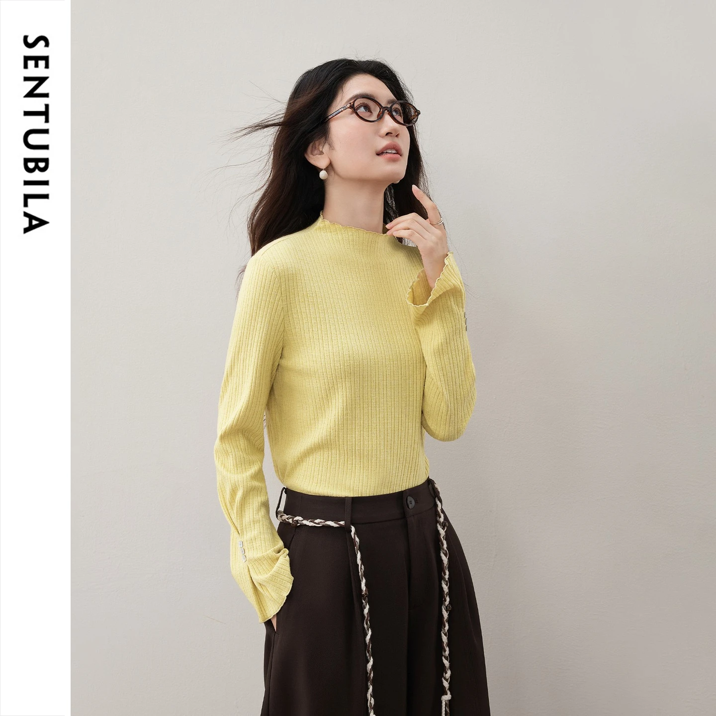 SENTUBILA Women's Ruffle Half High T-shirt Neck 2026 Slim Inner Layer Soft Casual Tee Autumn Long Sleeve Top Ladies 163SF7991
