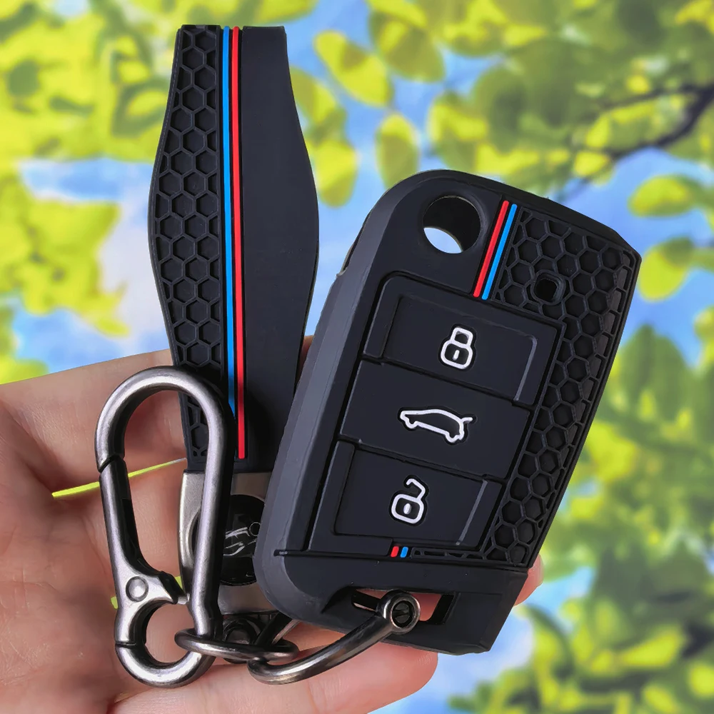 Racing Stripe Protective Key Fob Shell with Keychain,Durable Silicone Cover for VW Golf7 MK7 Tiguan MK2 T-roc T-cross Seat Ateca