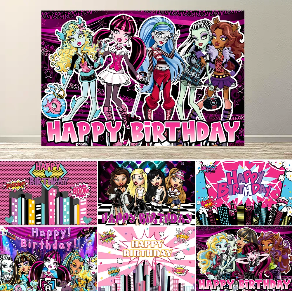 Fondo de chica monstruosa, suministros para fiesta de cumpleaños, foto de fondo, decoración de mesa de pastel, pancarta