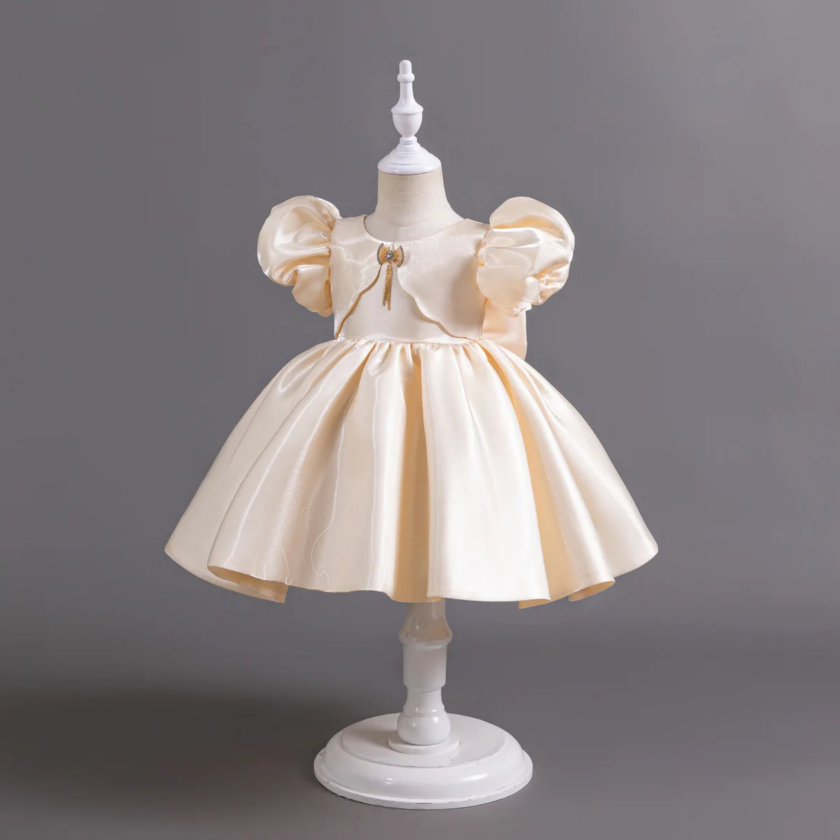 HETISO Golden Brooch Girl Princess Dress Kids Retro Satin Puff Sleeve Wedding Party Birthday Tutu Dresses Gown Child Clothes 1-6