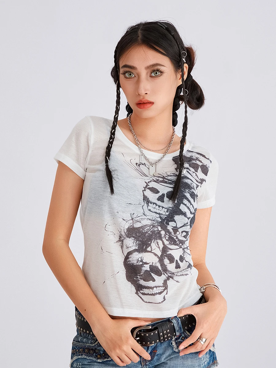 Vrouwen Vintage Schedelprint T-shirts Zomer Casual Korte Mouw Crop Tops Blouses Grunge Esthetische Kleding 00s Streetwear