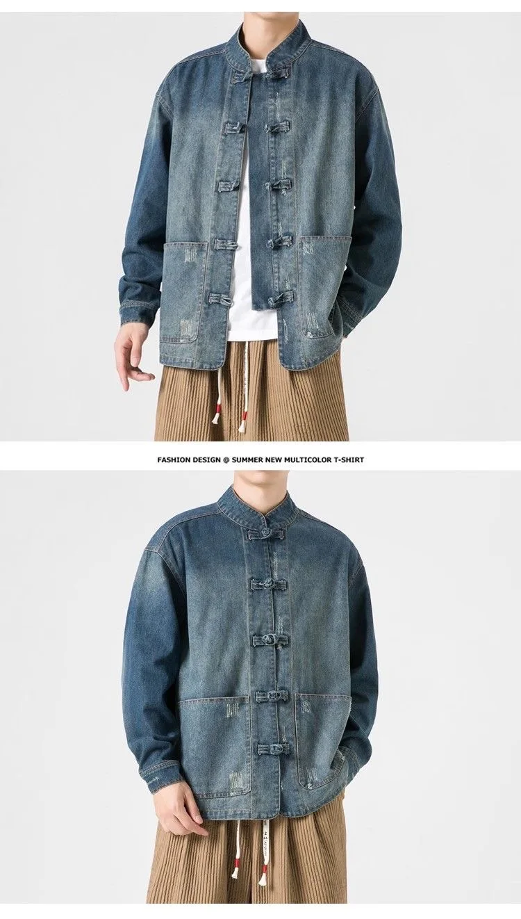 جاكيت دينم مغسول على الطراز الصيني للرجال ، معطف بأكمام طويلة ، توب بياقة قائمة ، قمصان عرقية عتيقة ، موضة كلاسيكية ، الربيع والخريف #6