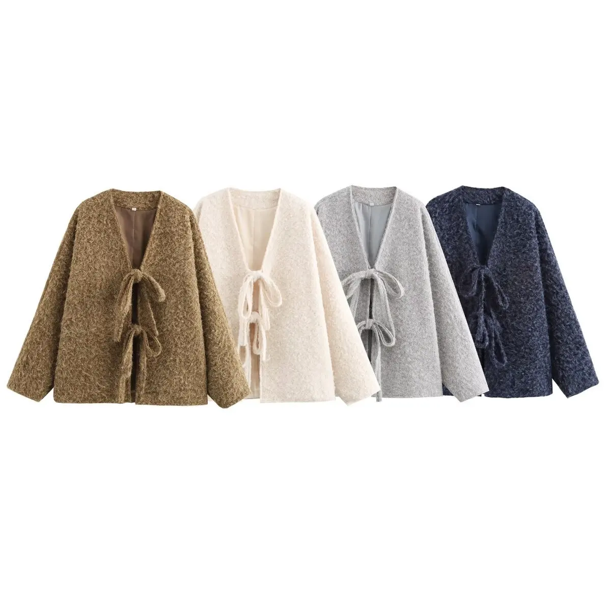 

Fashion Autumn Winter Women's Loose Fit Jacket Street Woolen Coat with Belt Four Colors Full Sleeve V Neck Coat