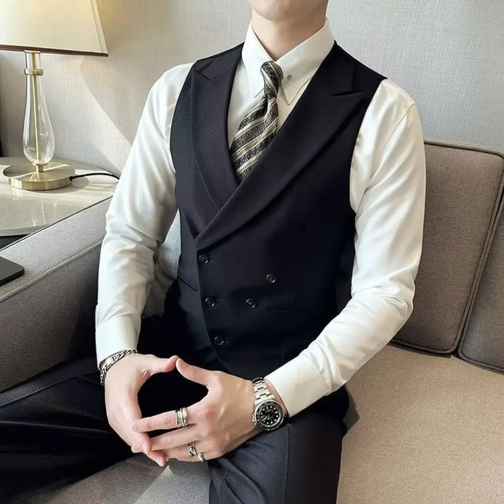 British Style Suit Vest Mens Slim Fit Peak Lapel Waistcoat Business Formal Casual Sleeveless Jacket Stylish Top